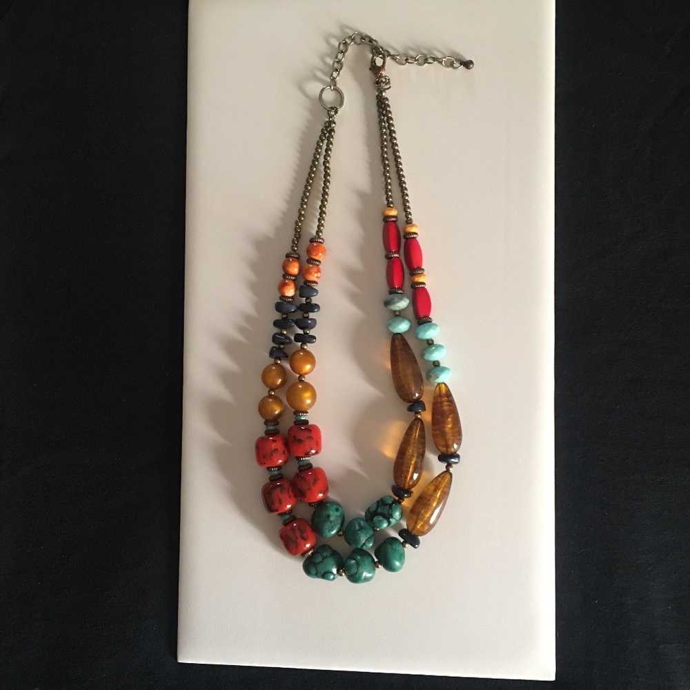 Multicolor double strand beaded necklace with antique gold-tone beads